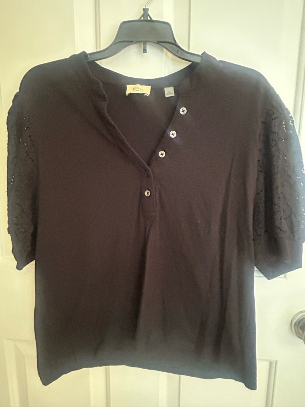 Tahari Black Short-Sleeve Henley with Eyelet Sleeves Sz L